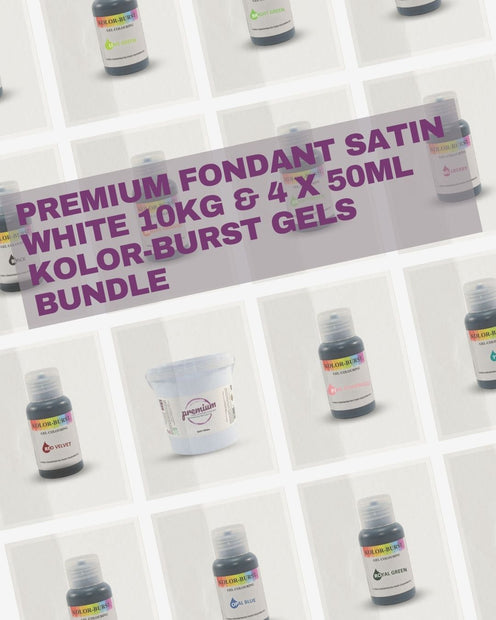 PREMIUM Fondant Satin White 10kg & 4 x 50ml KOLOR-BURST Gels Bundle
