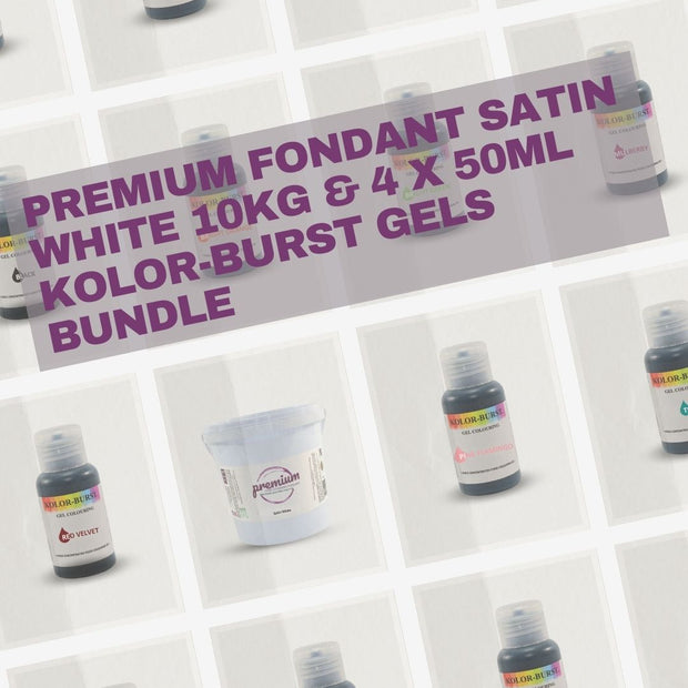 PREMIUM Fondant Satin White 10kg & 4 x 50ml KOLOR-BURST Gels Bundle