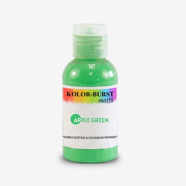 A bottle of Kolor-Burst Matts Green edible dusting and colouring powder, featuring a translucent neon green bottle and a white label with a rainbow accent.