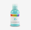 A bottle of Kolor-Burst matte edible dusting and colouring powder in the Aqua shade, featuring a white label with a rainbow stripe and turquoise powder visible through the clear bottle.