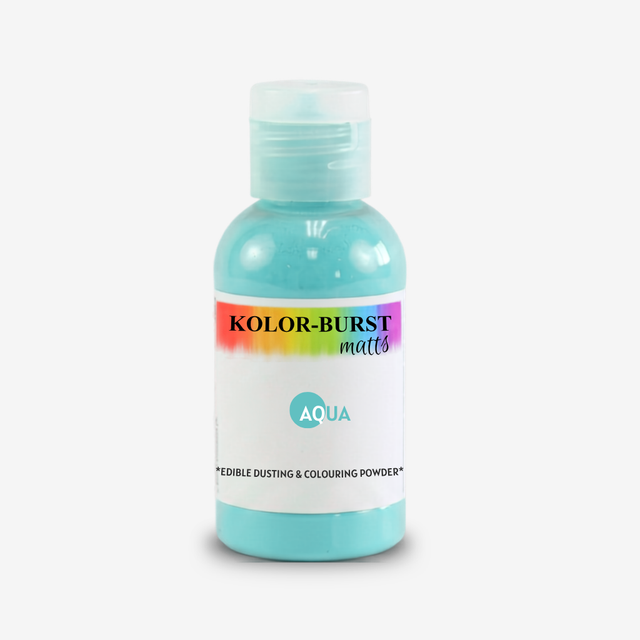A bottle of Kolor-Burst matte edible dusting and colouring powder in the Aqua shade, featuring a white label with a rainbow stripe and turquoise powder visible through the clear bottle.