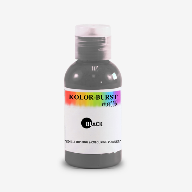 A bottle of Kolor-Burst Matts Black edible dusting and colouring powder, featuring a white label with a rainbow accent and a clear cap, set against a plain light gray background.