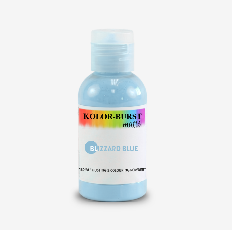 A bottle of Kolor-Burst Matts edible dusting and colouring powder in the shade 'Blizzard Blue'. The bottle is filled with light blue powder and has a white label with a rainbow stripe at the top.