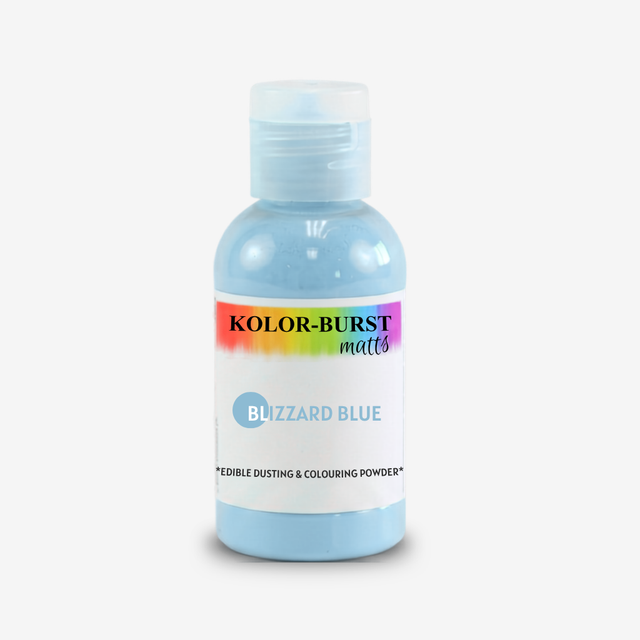 A bottle of Kolor-Burst Matts edible dusting and colouring powder in the shade 'Blizzard Blue'. The bottle is filled with light blue powder and has a white label with a rainbow stripe at the top.