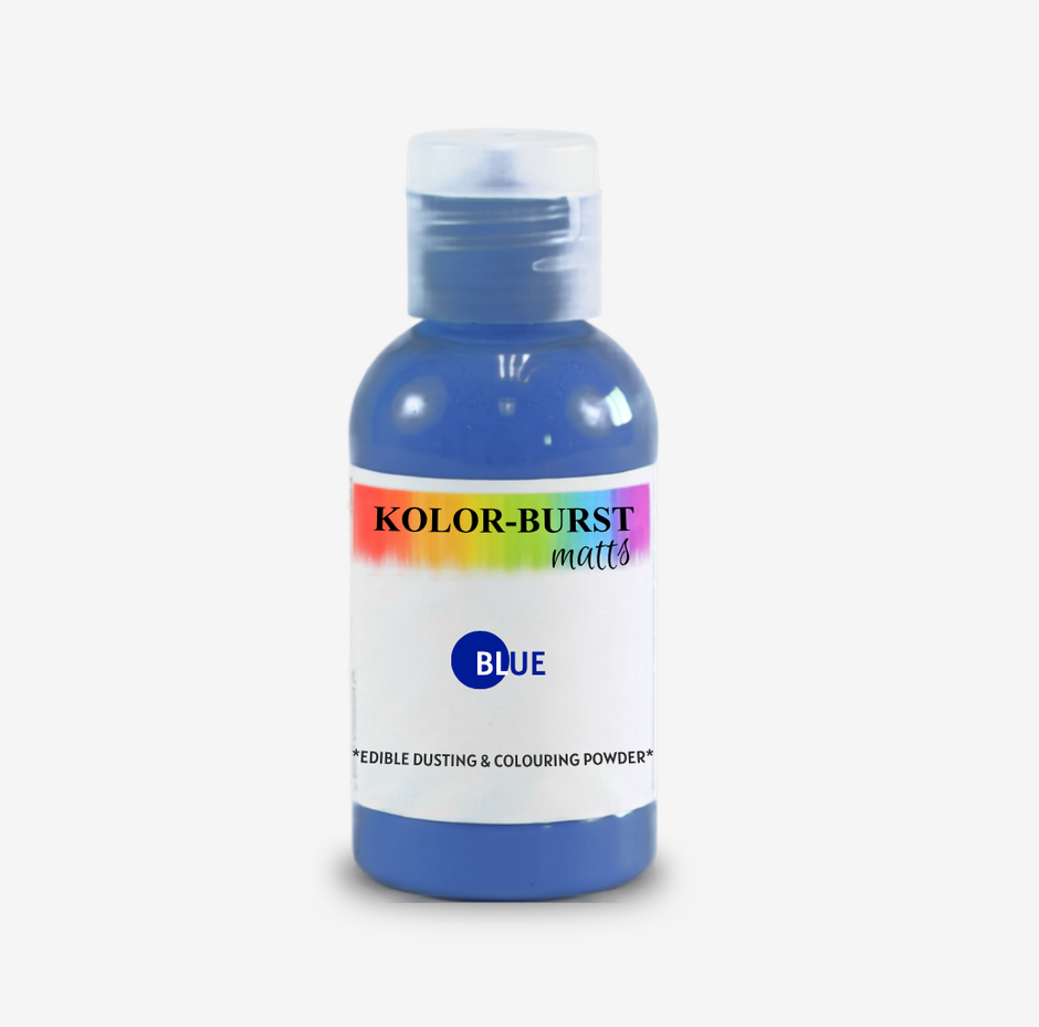A bottle of Kolor-Burst Matts Blue edible dusting and colouring powder, featuring a blue bottle, white label, and a rainbow-colored brand banner, set against a plain white background.