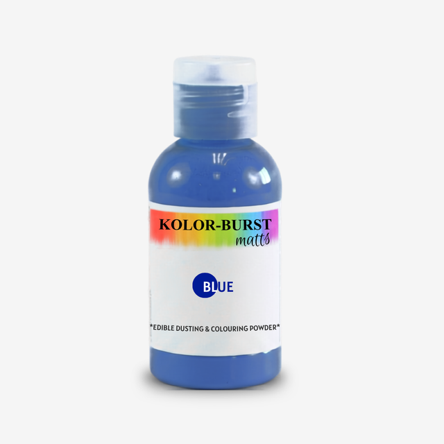 A bottle of Kolor-Burst Matts Blue edible dusting and colouring powder, featuring a blue bottle, white label, and a rainbow-colored brand banner, set against a plain white background.