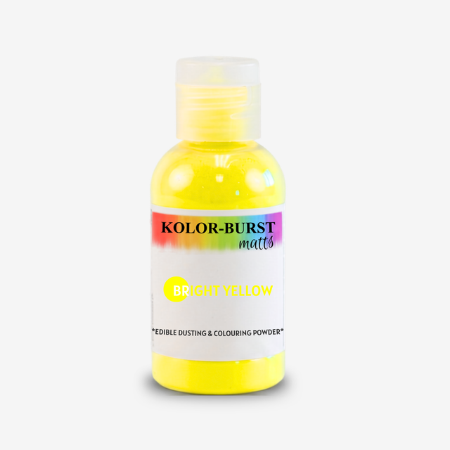 A bottle of Kolor-Burst Matts Bright Yellow edible dusting and colouring powder, shown on a clean white background.