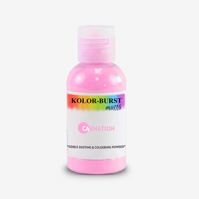 A bottle of Kolor-Burst Matts Carnation edible dusting and colouring powder, featuring a pink liquid inside a clear bottle with a white label and a rainbow accent.