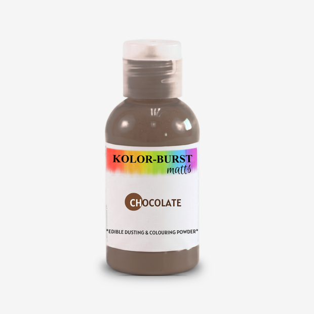 A bottle of Kolor-Burst Matts Chocolate edible dusting and colouring powder, featuring a white label with a rainbow accent and a clear cap, set against a plain light gray background.
