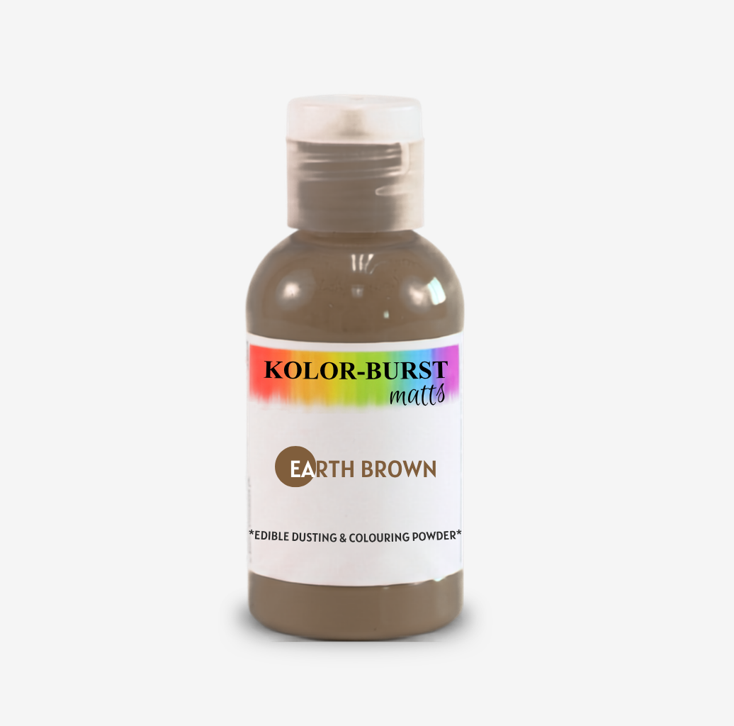 A bottle of Kolor-Burst Earth Brown matte edible dusting and colouring powder, shown on a clean white background.