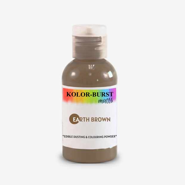 A bottle of Kolor-Burst Earth Brown matte edible dusting and colouring powder, shown on a clean white background.