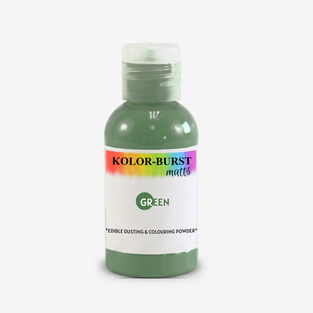 A bottle of Kolor-Burst matte edible dusting and colouring powder in green, featuring a white label with a rainbow accent and a clear cap, set against a plain white background.