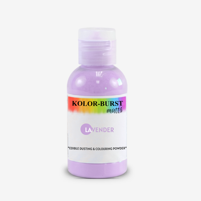 A bottle of lavender edible dusting and colouring powder by Kolor-Burst Malls, featuring a white label with a rainbow stripe and purple contents visible through the clear bottle, set against a light gray background.