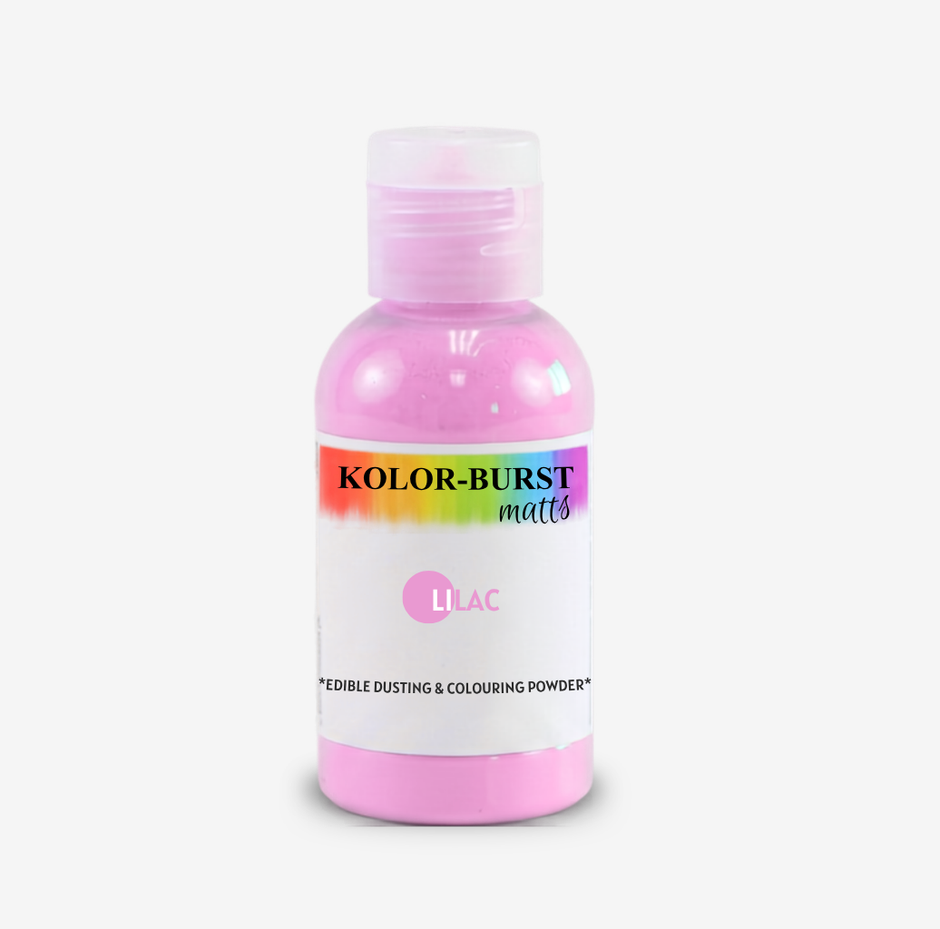 A bottle of Kolor-Burst matte edible dusting and colouring powder in Lilac, featuring a pink cap and a white label with a rainbow accent.