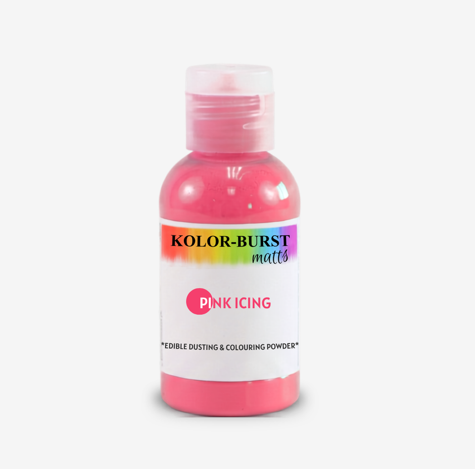 A bottle of Kolor-Burst matte edible dusting and colouring powder in Pink Icing, featuring a white label with a rainbow graphic and pink product visible inside the clear bottle.
