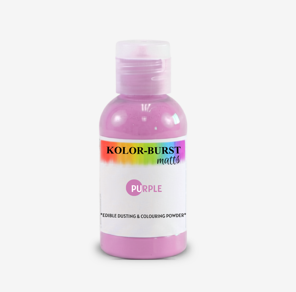 A bottle of Kolor-Burst Matts edible dusting and colouring powder in the shade Purple, featuring a white label with a rainbow accent and pink powder visible through the clear bottle.