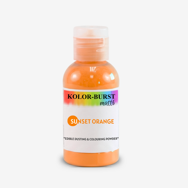 A bottle of Kolor-Burst matte Sunset Orange edible dusting and colouring powder, shown on a clean white background.
