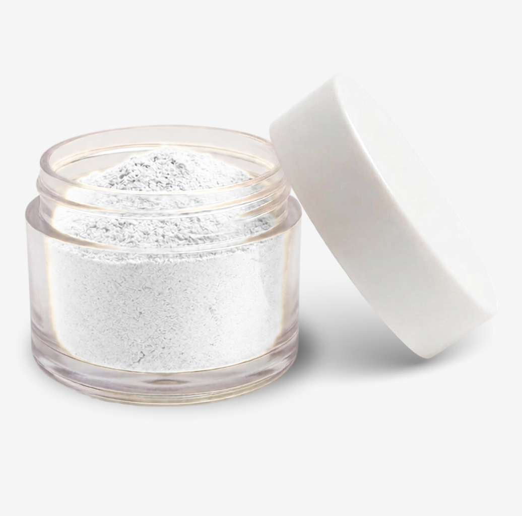 A clear round jar filled with white food colouring powder, shown open with a white lid leaning against it on a clean white background.