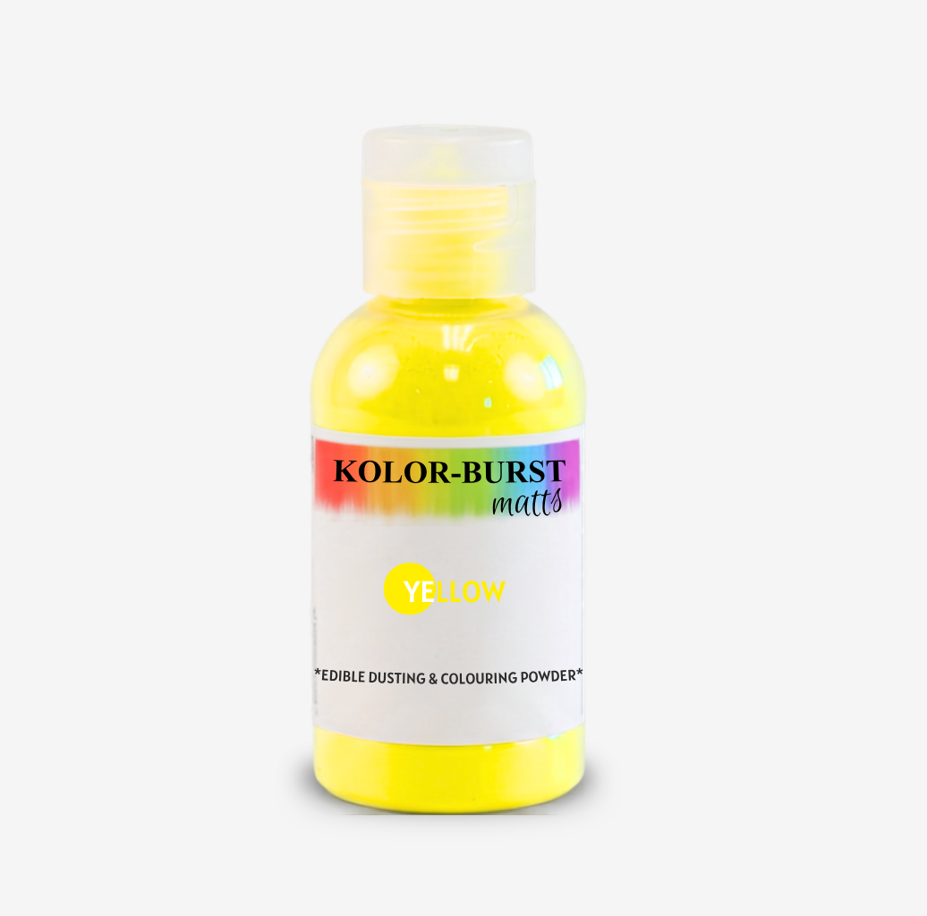 A bottle of Kolor-Burst Matts Yellow edible dusting and colouring powder, featuring a white label with a rainbow accent and a translucent cap, set against a light gray background.