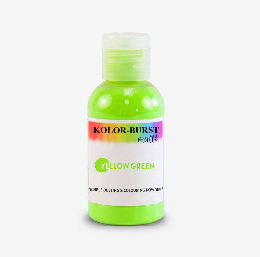 A bottle of Kolor-Burst Matts Yellow Green edible dusting and colouring powder, featuring a translucent neon green bottle and a white label with a rainbow accent.