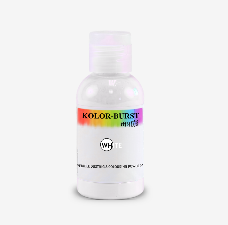 A bottle of Kolor-Burst matte white edible dusting and colouring powder, featuring a clear cap, white bottle, and a rainbow-colored label band on a light gray background.