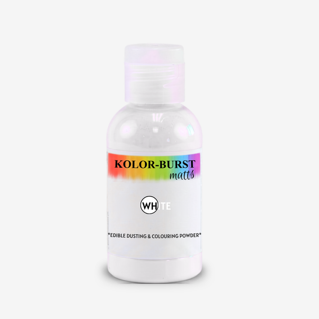 A bottle of Kolor-Burst matte white edible dusting and colouring powder, featuring a clear cap, white bottle, and a rainbow-colored label band on a light gray background.